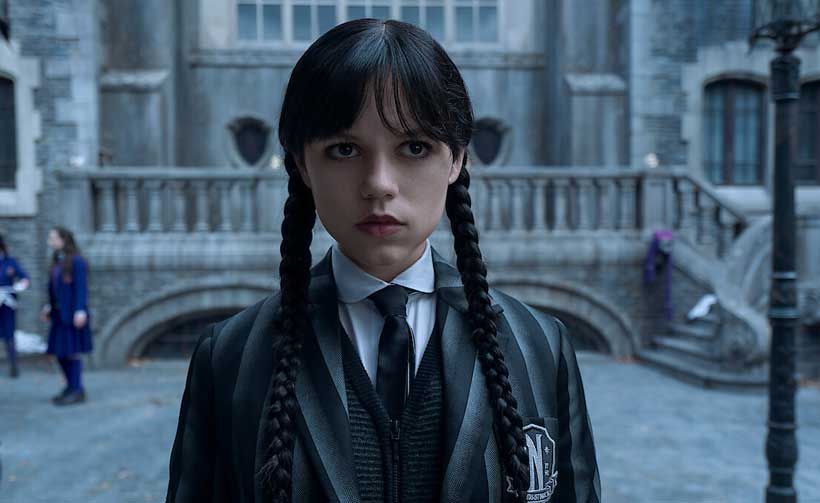 Jenna Ortega in character as Wednesday at Nevermore Academy, Netflix Season 2